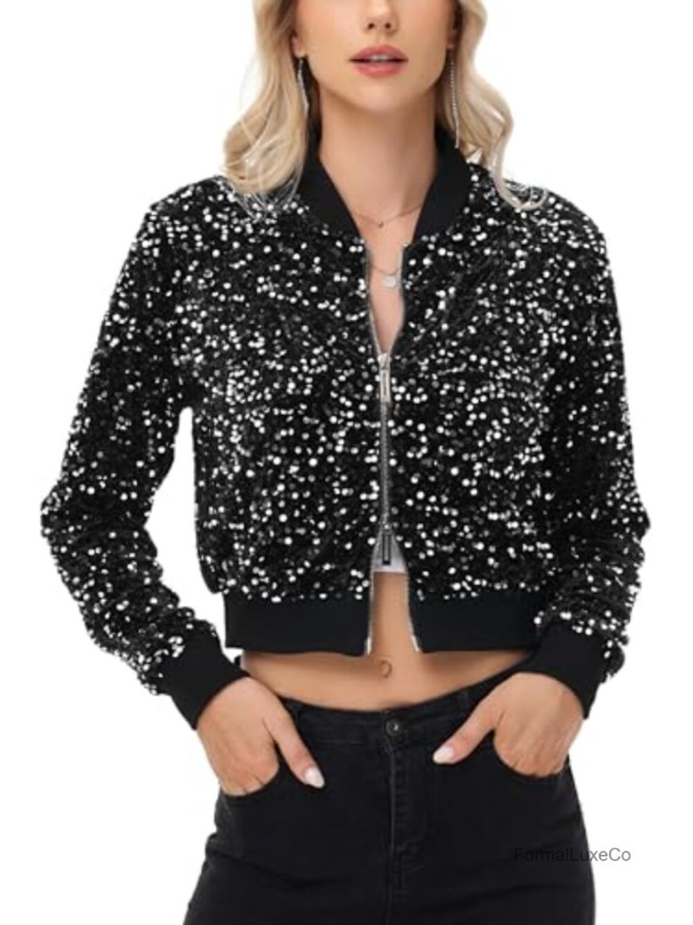 Cropped Sequin Bomber Jacket with Two-Way Zipper and Ribbed Trim